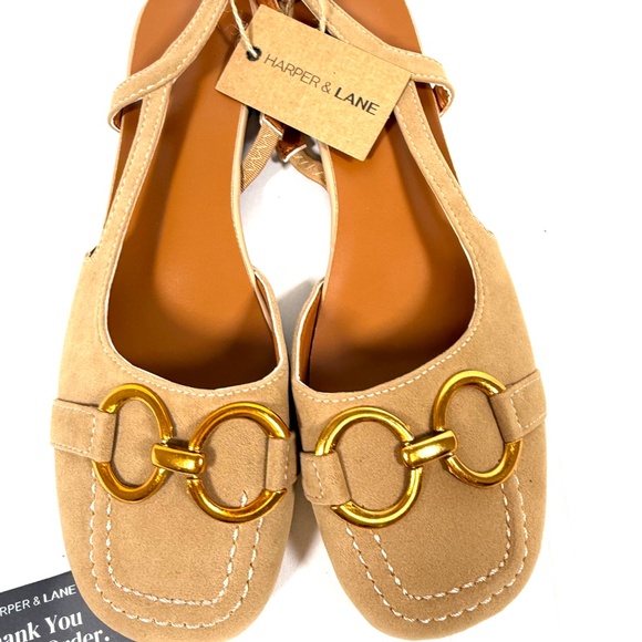 Harper & Lane Beige Suede Slingback Flats Gold Horsebit Low Heel Size 40 New - Picture 3 of 13
